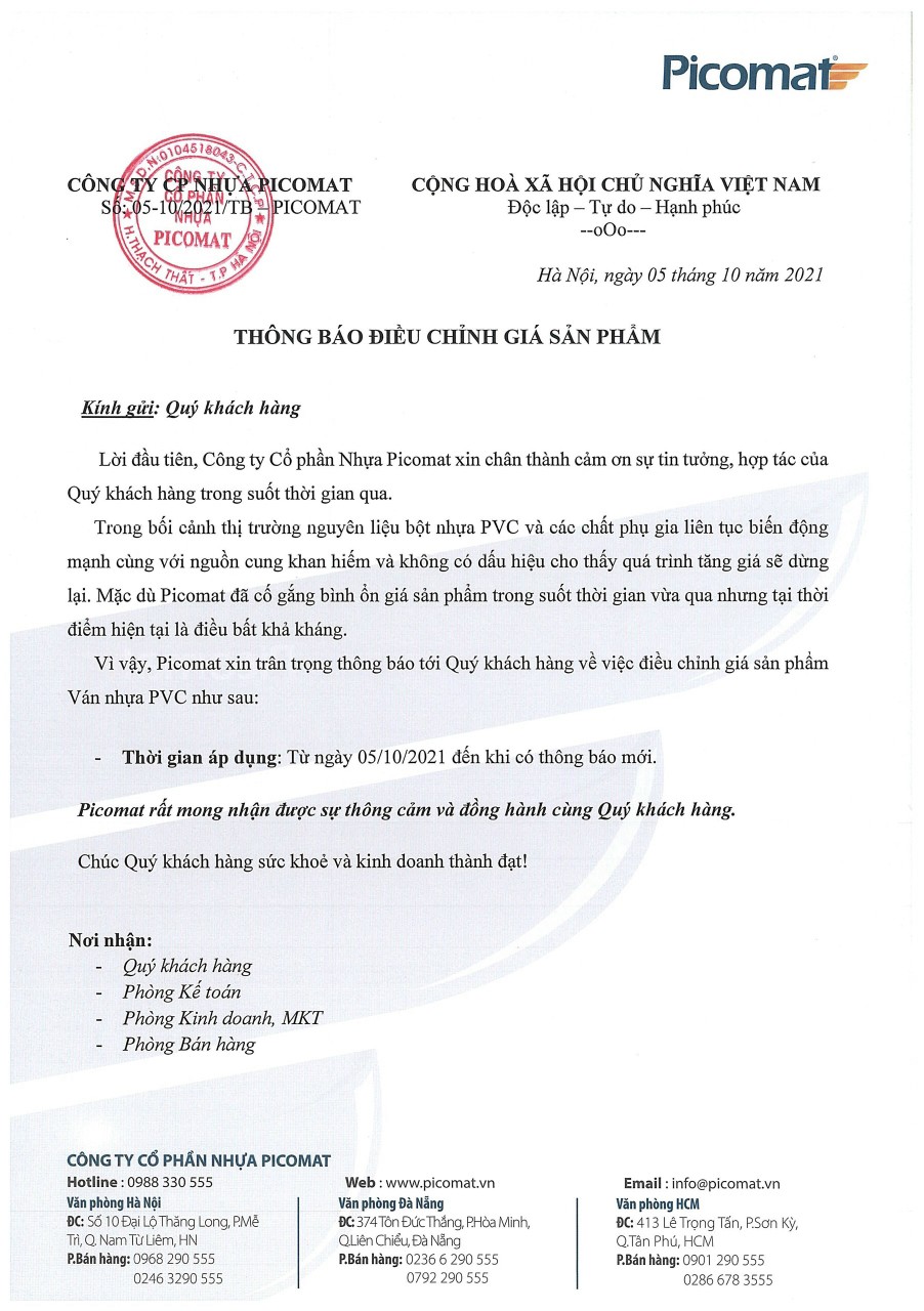 Picomat thông báo điều chỉnh giá Ván nhựa 