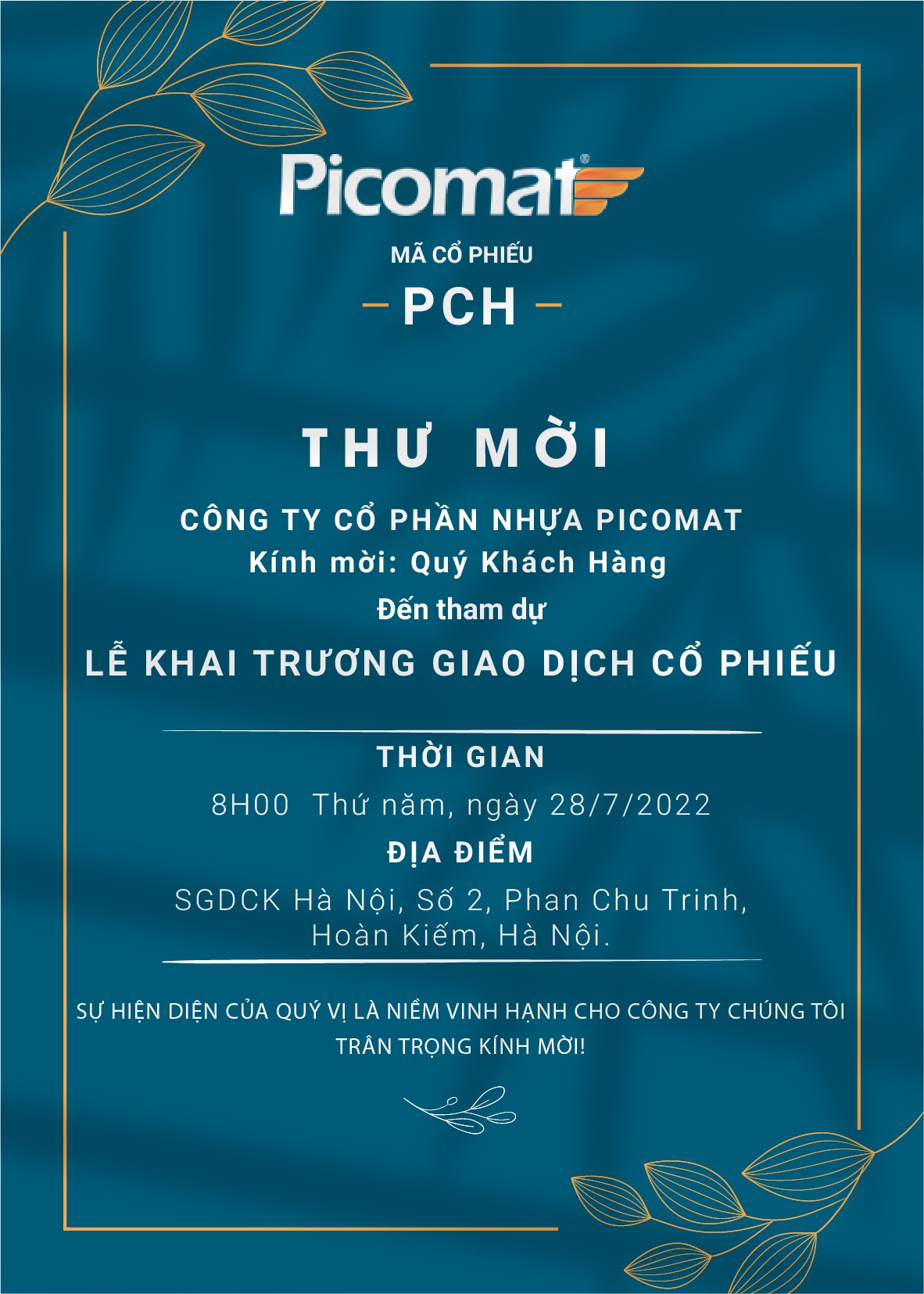 Thư mời lễ khai trương giao dịch cổ phiếu - Công ty Cổ phần Nhựa Picomat  (mã cổ phiếu PCH)